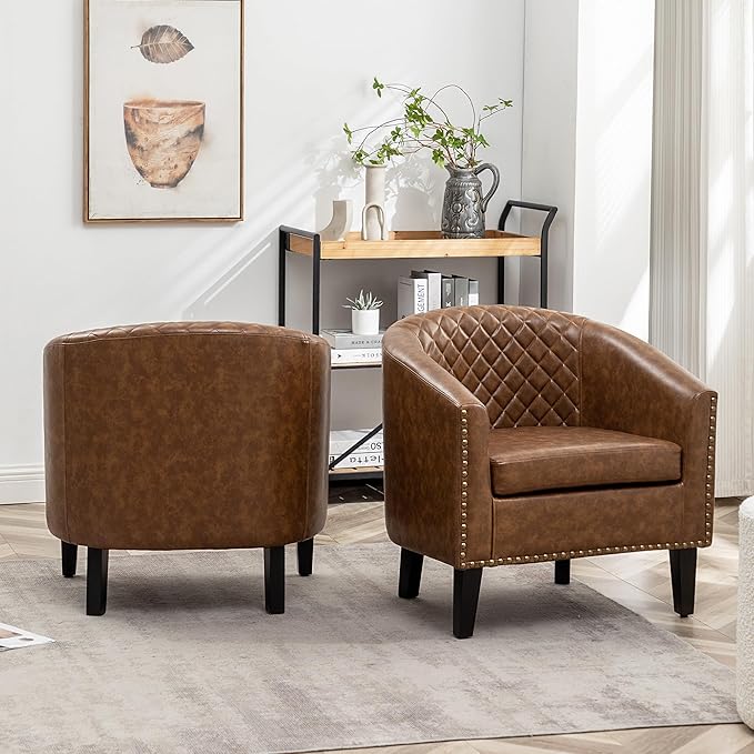 KINWELL 29" W Faux Leather Barrel Chairs Set of 2, Modern PU Upholstered Tufted Club Chairs with Nailhead Trim, Small Armchairs Accent Chairs for Living Room Bedroom Apartment Lounge Nursery, Coffee