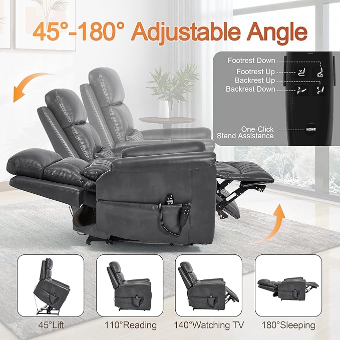Power Lift Recliner Chair for Elderly People, Dual Motor Lay Flat Recliner with Vibration Massage and Heat, Heavy Duty Motion Mechanism Standing Assistance Reclining Chair, Faux Leather Dark Gray