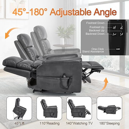 Power Lift Recliner Chair for Elderly People, Dual Motor Lay Flat Recliner with Vibration Massage and Heat, Heavy Duty Motion Mechanism Standing Assistance Reclining Chair, Faux Leather Dark Gray