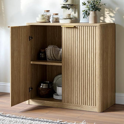 Evermagin 31.5" Oak Buffet Cabinet with Storage, Small Sideboard Cabinet, Boho Accent Credenza, Fluted Console Table with Doors for Dining Room, Kitchen, and Living Room