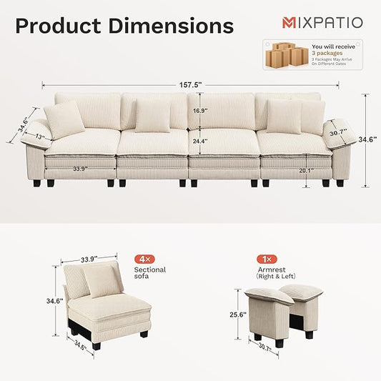 157.5" Cloud Modular Sectional Sofa, 4-Seater w/Deep Seat & Removable Arms, Plush Corduroy for Living Room - Beige