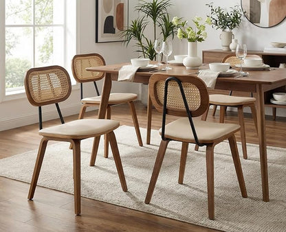 Mid-Century Dining Chairs Set of 6, PU Leather Kitchen Chairs with Rattan Backrest Wooden Legs Armless Design for Dining Room Living Room, Beige