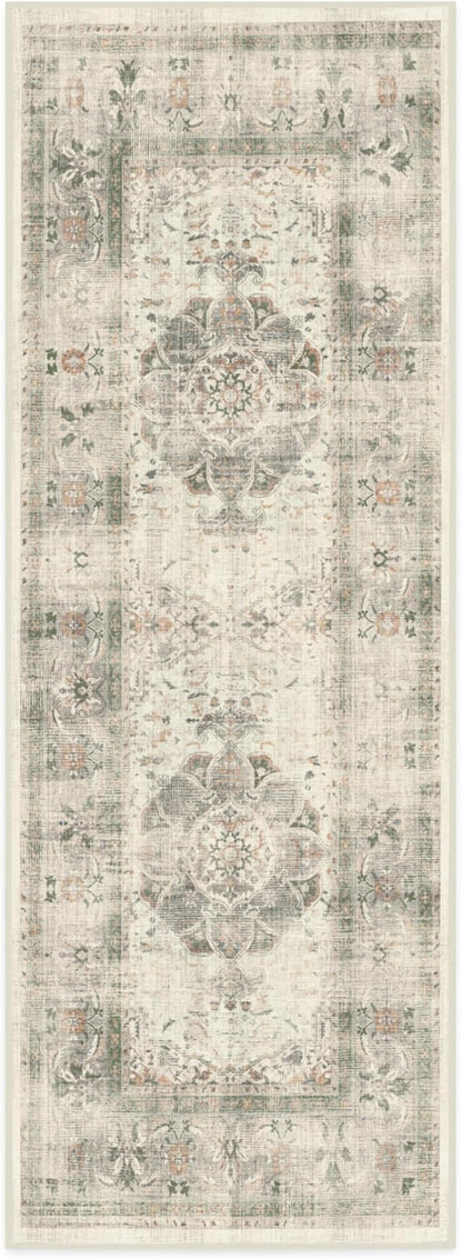 RUGGABLE Washable Vintage Runner Rug – Sarrah Sage 2.5x7, Stain-Resistant, Non-Slip Hallway Runner – Machine Washable Rug for Hallway, Entryway, Living Room & Kitchen – with Cushioned Pad