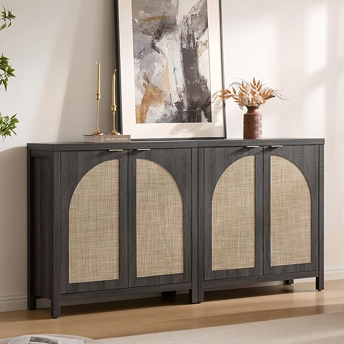 SICOTAS 102"W Rattan Sideboard Buffet Cabinet Set of 3, Modern Credenza Storage Cabinet with Arch Doors & Shelves, Boho Coffee Bar Media Console Cabinets for Kitchen, Living Room, Entryway, Black Oak