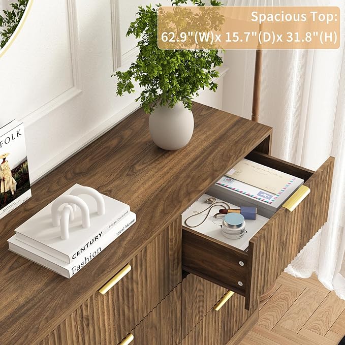 3-Piece Modern Bedroom Furniture Set, Wide 9-Drawer Dresser & 3-Drawer Nightstands Set of 2, Natural Wood Dresser and Nightstand Sets for Bedroom, Hallway, Walnut