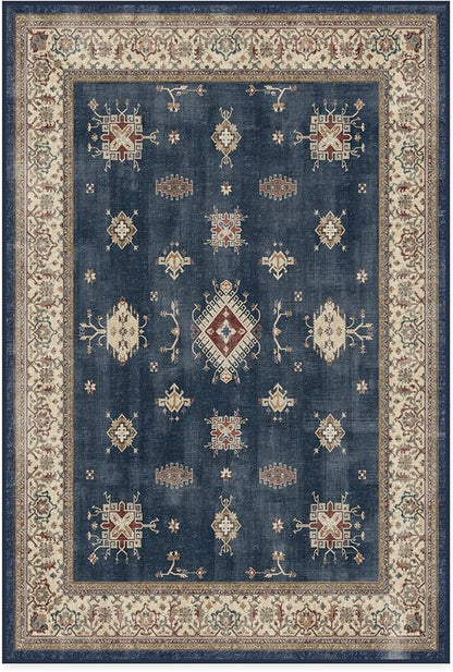 RUGGABLE Washable Vintage Area Rug – Verena Sapphire 4x6, Stain-Resistant, Non-Slip – Medium Machine Washable Rugs for Living Room, Bedroom, Hallway, Entryway & Office–with Standard Pad