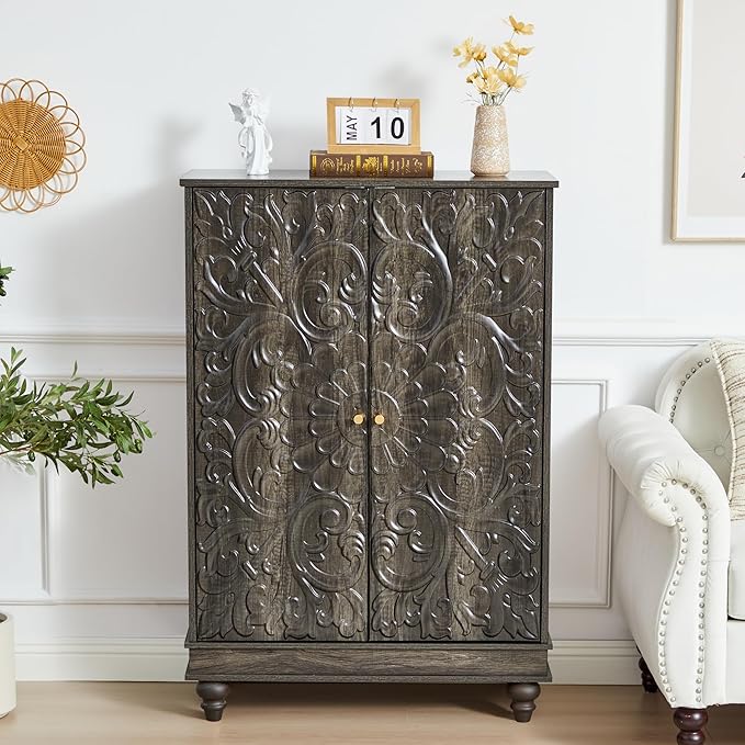 Sideboard Buffet Cabinet with Storage, Kitchen Storage Cabinet with Adjustable Shelves and 2 Doors, Vintage Accent Table for Living Room, Hallway (Grey)