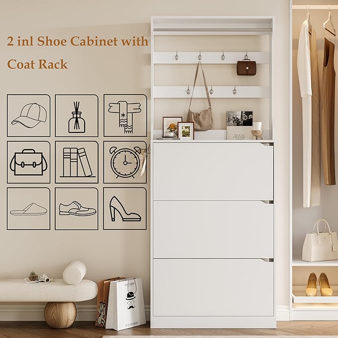Tall Shoe Cabinet with Coat Rack, Hidden Shoe Storage Cabinet with Doors & Drawer, Hanging Bar & Hooks, Slim Narrow Freestanding Shoe Rack Organizer for Entryway, Hallway & Living Room, White