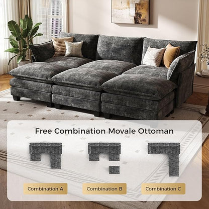 KKL 91.3" Large Modular Sectional Sofa Bed, 6 Seater Convertible J/L-Shaped Sleeper Cloud Couch with Ottoman, Chenille Sectional Couches for Living Room, Apartment, Grey