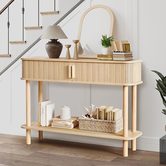 RARZOE Console Table with Storage, Fluted Entryway Table with Sliding Door&Open Shelf, Sofa Table Behind Couch, Mid-Century Modern Accent Table for Hallway, Entrance, Foyer, Fully Assembled(Natural)