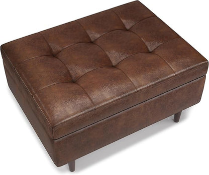 SIMPLIHOME Shay 34 inch Wide Mid Century Modern Small Rectangle Coffee Table Storage Ottoman in Distressed Chestnut Brown Vegan Faux Leather, Assembled, For the Living Room