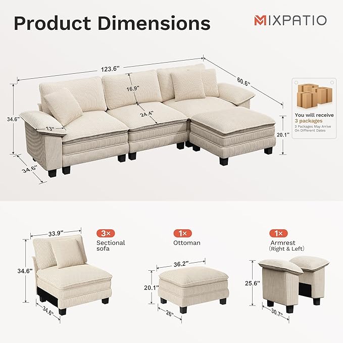 123-Inch L Shaped Sectional Sofa with Cloud Cushions, Deep Seat Modular Couch Set w/ 4 Seats & 1 Ottomans, Removable Arms, Plush Corduroy Upholstery for Living Room, Apartment - Beige