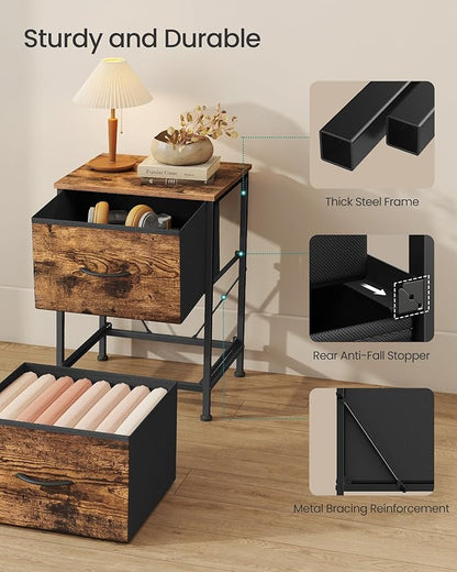 SONGMICS Dresser for Bedroom, Chest of Drawers, Nightstand, Steel, MDF, 2 Non-Woven Fabric Drawers, Storage Organizer Unit, Closet, Entryway, Rustic Brown and Ink Black ULGS312B02S