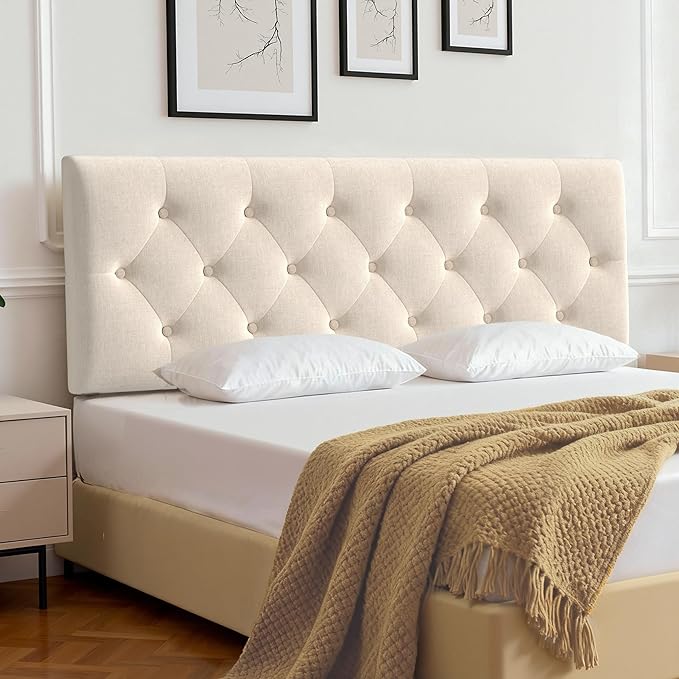Tufted Upholstered Headboard Queen Size, Solid Wood Head Board with Durable Metal Legs, Linen Fabric Padded Headboard, Adjustable Height from 37” to 51”, Modern Button Design Head Board, Beige