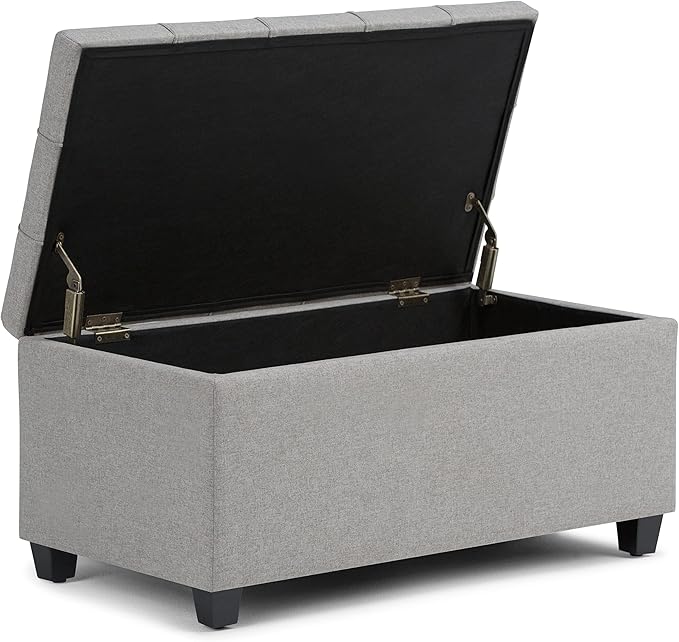SIMPLIHOME Sienna Storage Ottoman Bench - 33 inch Wide Upholstered Linen Look Fabric Rectangle Storage Ottoman Bench in Fawn Brown, Transitional Tufted Ottoman for Living Room with Lift Top