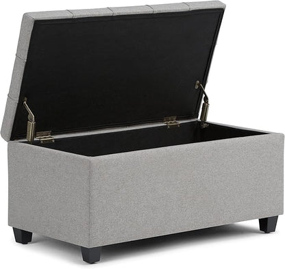 SIMPLIHOME Sienna Storage Ottoman Bench - 33 inch Wide Upholstered Linen Look Fabric Rectangle Storage Ottoman Bench in Fawn Brown, Transitional Tufted Ottoman for Living Room with Lift Top