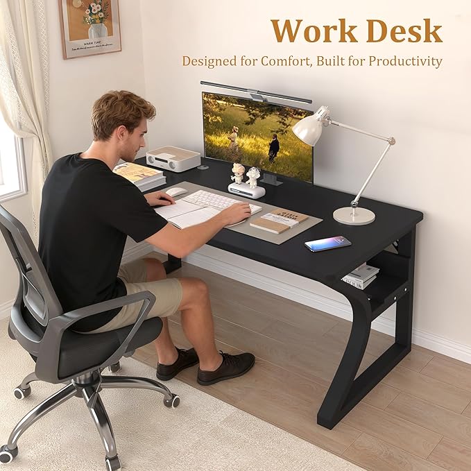 StarGraph Computer Desk 55'' Large Home Office Desk with Sturdy Metal Frame U Shaped Modern Computer Desks with Storage Study Writing Office Work from Home Desks (Black, 55 inch)