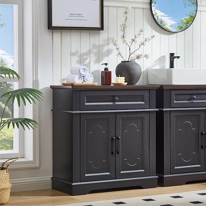 Black Farmhouse Storage Cabinet with 2 Doors and 1 Drawer, Adjustable Shelf, Freestanding Kitchen Pantry Cabinet, Modern Buffet Sideboard Coffee Bar Cabinet Living Room Bathroom Dining Room