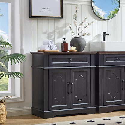 Black Farmhouse Storage Cabinet with 2 Doors and 1 Drawer, Adjustable Shelf, Freestanding Kitchen Pantry Cabinet, Modern Buffet Sideboard Coffee Bar Cabinet Living Room Bathroom Dining Room