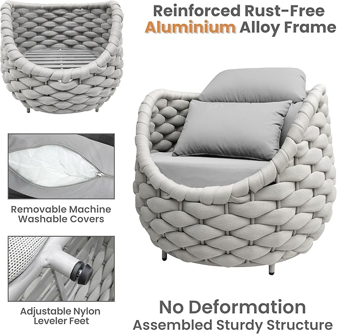 5 Pieces Porch Patio Conversation Set: Hand Woven Rope, Rusrproof Aluminum Frame, Weather Resistant, Thick Cushions, No Assembly Furniture, Comfy Outdoor Sofa Set for Deck Yard Lawn Hotel - Gray