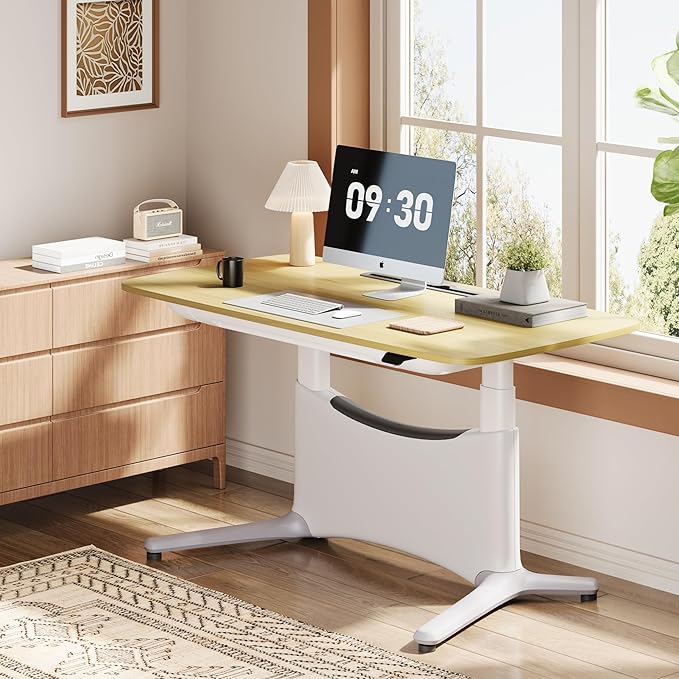 COLAMY Electric Standing Desk, Whole-Piece Gaming Desk with Dual Motors, Ergonomic Footrest, Drawers for Storage, Adjustable Height Sit-Stand Desk for Home Office (MFC Desktop, Light Maple + White)