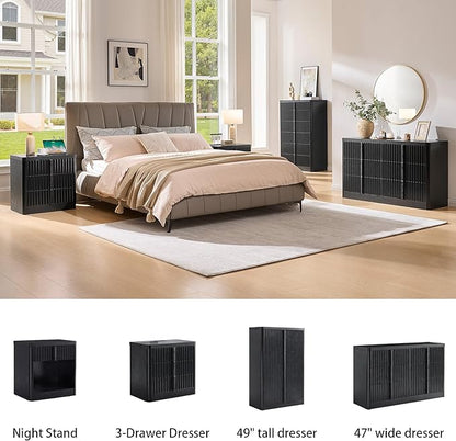 Black Fluted Dresser for Bedroom, 47" Wide 6 Drawer Dresser, Modern TV Stand Set, Curved Profile Design, Chest of Drawers with Solid Wood Handle for Living Room, Bedroom, Hallway