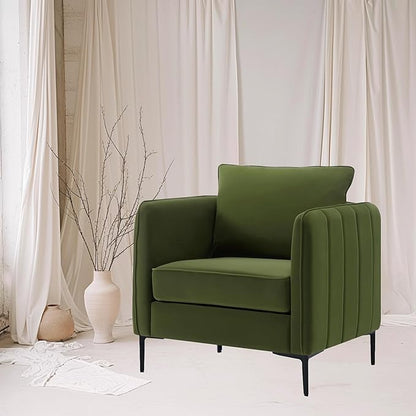 Velvet Accent Chairs Set of 2, Comfy Upholstered Single Sofa Chair Mid-Century Modern Armchair with Thick Cushion and Wood Frame Side Chair for Living Room Bedroom Apartment (Green)