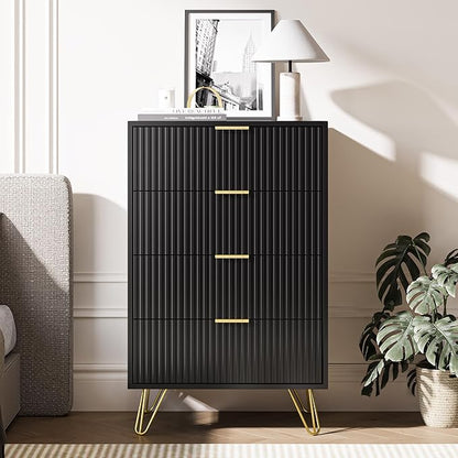 Black Dresser for Bedroom, 4 Drawer Dresser with Gold Metal Handles & Chests of Drawers, Chests of Drawers for Hallway, Bedroom