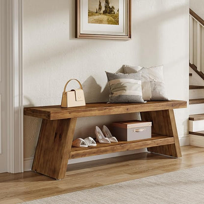 2-Tier Entryway Bench, Hallway Foyer Solid Wood Seating with Open Shelves, Wooden Shoe Bench Indoor for Entryway, Living Room, Bedroom (Rustic Brown)