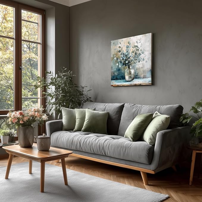 Framed Eucalyptus Leaf Wall Art, Sage Green Botanical Canvas Print, Rustic Farmhouse Bathroom Wall Decor, Soft Blue Floral Aesthetic Picture for Bedroom living Room 12x12 inch