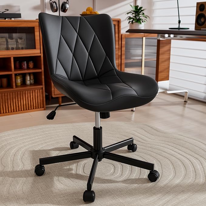 Armless Desk Chair, Morden Home Office Chair no Arms, Adjustable Height & Rocking Computer Chair, PU Leather Vanity Chair, Ergonomic Seat Soft Padded Desk Chairs for Home Small Space, Black