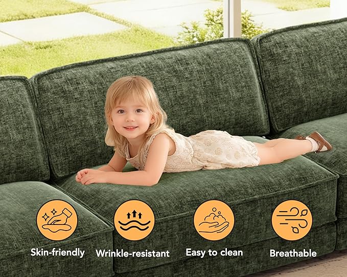 Sunny Heart 160" U-Shaped Modular Sectional Sofa, Oversized Cloud Couch with Movable Ottoman, 6-Seat Chenille Deep Seat Sofa with Pillow, Sectional Couches for Living Room, Apartment, Green