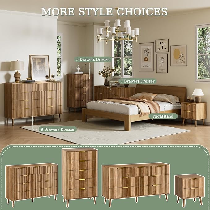 LYNSOM Fluted Dresser and Nightstand Sets 2 Piece, 2-Drawer Nightstands and 7-Drawers Dresser, Wood Bedroom Furniture Set for Home, Bedroom, Hallway, Natural Oak