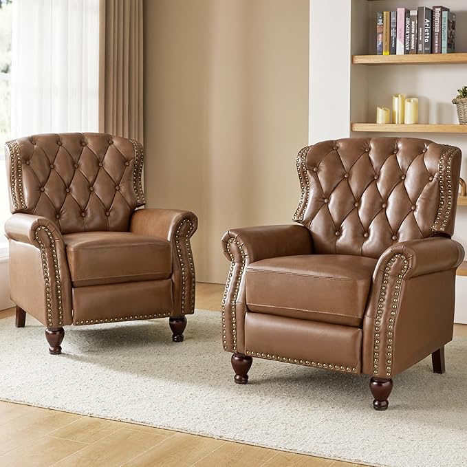 HULALA HOME Genuine Leather Manual Recliner Chair, Adjustable Tufted Push Back Reclining Sofa Armchair with Rivet Decoration & Solid Wood Legs, Modern Living Room Home Theater Seating, Camel