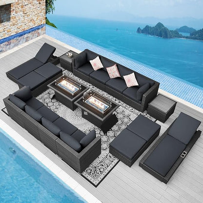 NICESOUL 18 Piece Patio Furniture with Firepit and Chaise, Full Size 14-People Outdoor Sectional Sofa Set with Fire and Lounger, Water Resistant Heavy Duty All-Weather Backyard Sitting Group, Grey