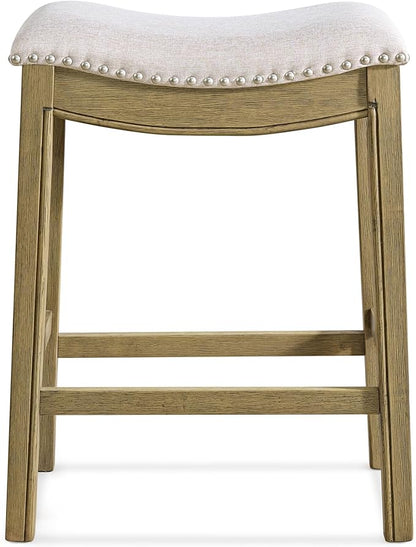 ROME + OAK Set of 2 Parker 26" Counter Stool, Backless Saddle Kitchen Barstool in Natural Wood Finish with Wheat Cream Fabric Upholstery Cushion Seat
