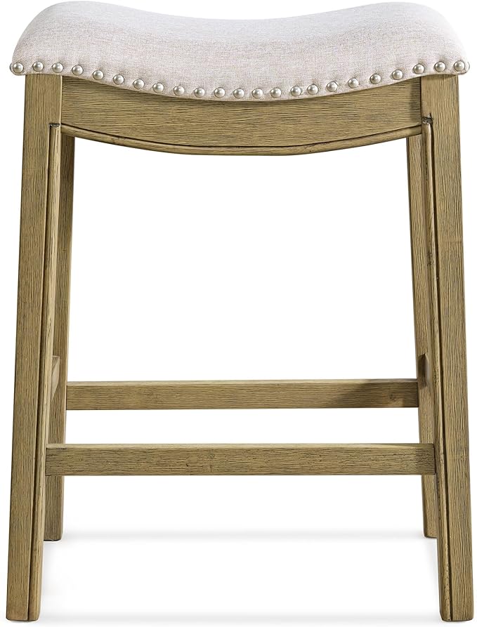 ROME + OAK Set of 4 Parker 26" Counter Stool, Backless Saddle Kitchen Barstool in Natural Wood Finish with Wheat Cream Fabric Upholstery Cushion Seat