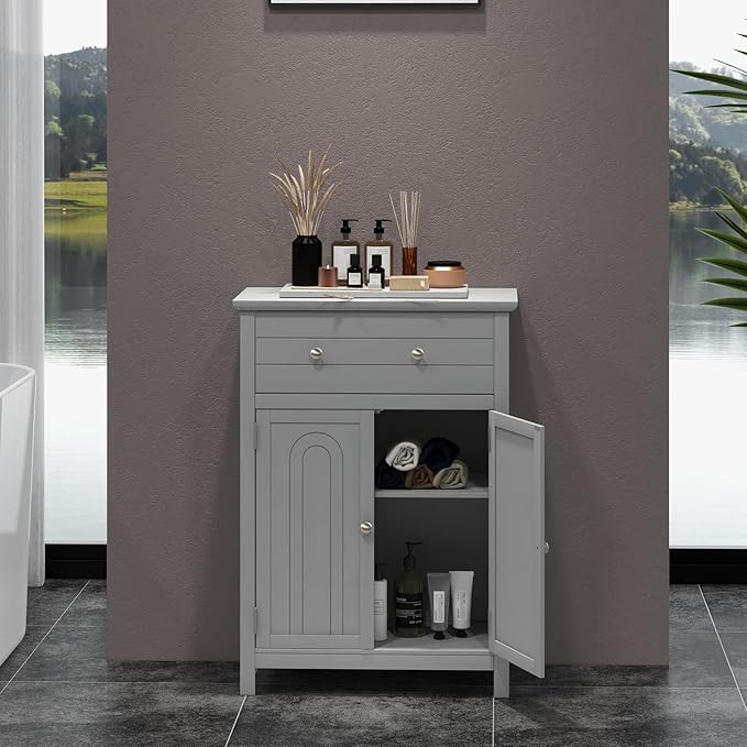LOKO Bathroom Floor Cabinet, Kitchen Storage Cabinet with 1 Drawer, 2 Doors & 3-Position Adjustable Shelf, 2-Door Floor Storage Cabinet for Bathroom, Living Room, Entryway (Grey)