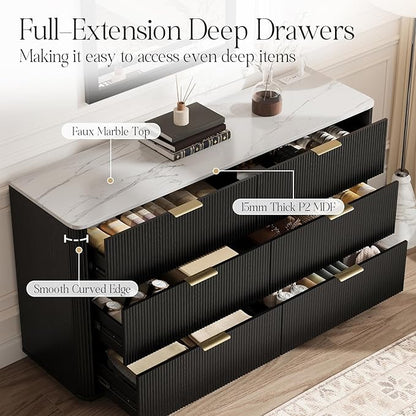 Fluted 6 Drawers Dresser with Charging Station, 55" Wide Modern Chest of Drawers with Faux Marble Top, Wooden Dresser TV Stand, Wood Drawer Organizer for Bedroom, Living Room, Hallway, Black