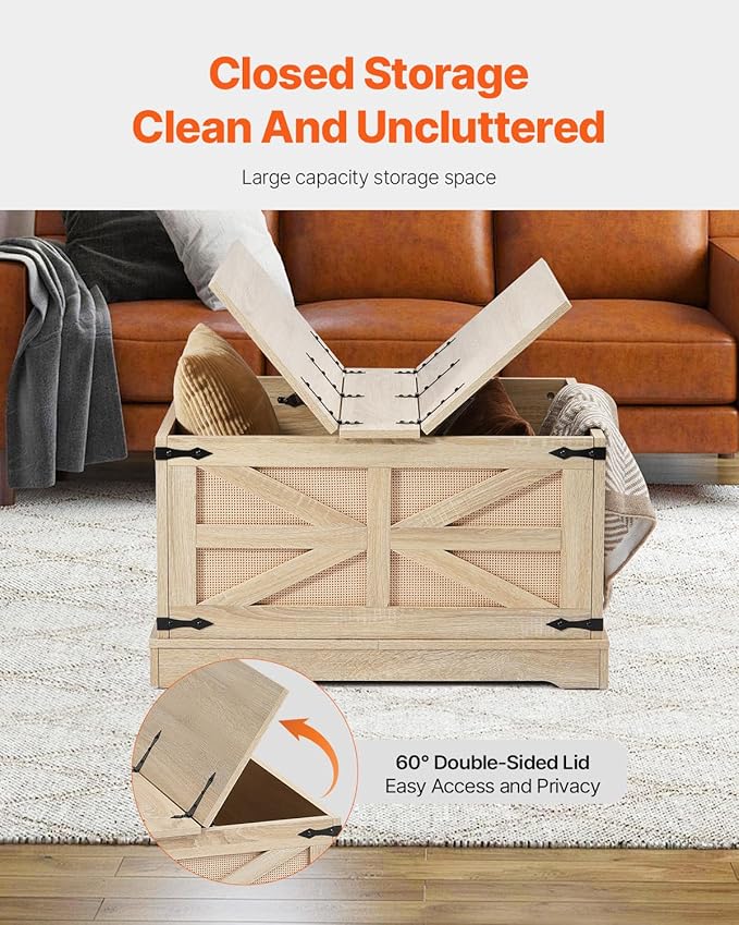 VEVOR Rattan Coffee Table, Rectangle PE Rattan Woven Wood Coffee Table with MDF Top, 32-Inch Modern Boho Style Storage Table with Retro Metal Hinges, for Living Room, Bedroom & Small Spaces
