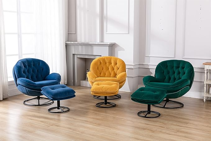 360° Swivel Modern Velvet Accent Chair with Ottoman | Mid-Century Button Tufted Lounge Chair for Living Room & Bedroom, Green