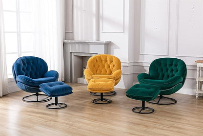 360° Swivel Modern Velvet Accent Chair with Ottoman | Mid-Century Button Tufted Lounge Chair for Living Room & Bedroom, Green