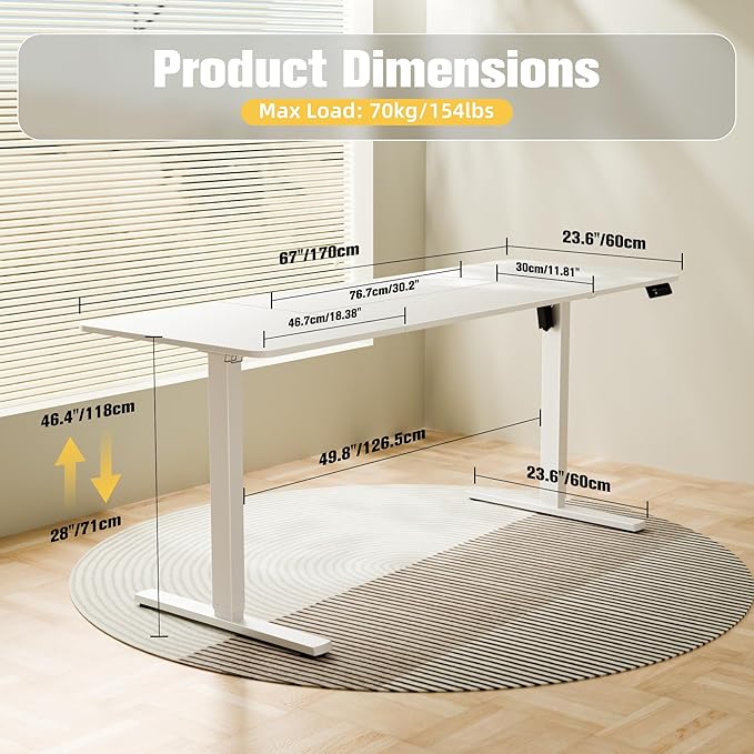 ERGOMAKER Electric Standing Desk, 67" x 23.6" Height Adjustable Sit Stand Desk with Splice Board for Home Office, Computer Table Memory Preset (White Frame, White Desktop)