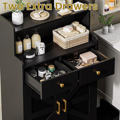 Storage Cabinet with Doors and Shelves, Bathroom Cabinet with 2 Drawers, Farmhouse Black Storage Cabinet, Kitchen Cabinet Cupboard for Living Room, Kitchen, Entryway, Home Office