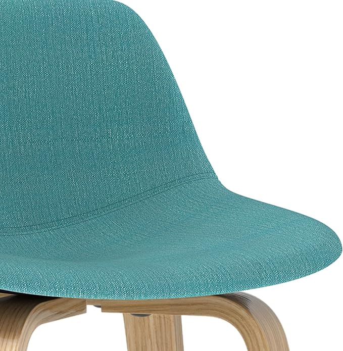 SIMPLIHOME Randolph Counter Stools (Set of 2) - 28 Inch Seat Height Upholstered Bentwood Kitchen Seats in Aqua Blue Polyester Linen Fabric, Mid Century Seating with Curved Backrest and Footrest