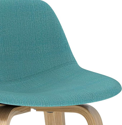 SIMPLIHOME Randolph Counter Stools (Set of 2) - 28 Inch Seat Height Upholstered Bentwood Kitchen Seats in Aqua Blue Polyester Linen Fabric, Mid Century Seating with Curved Backrest and Footrest