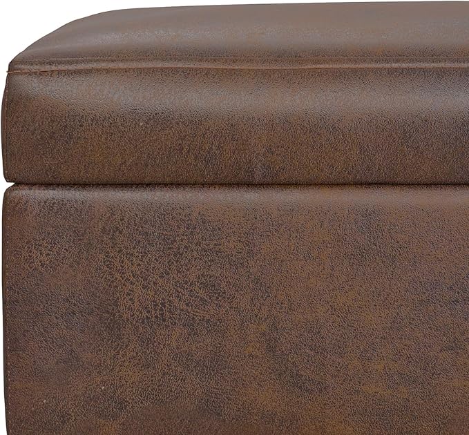 SIMPLIHOME Shiloh 26 inch Wide Transitional Contemporary Small Storage Ottoman in Distressed Chestnut Brown Vegan Faux Leather, Assembled, for The Living Room, Entryway and Family Room