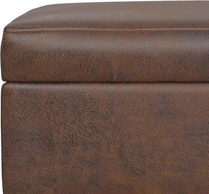 SIMPLIHOME Shiloh 26 inch Wide Transitional Contemporary Small Storage Ottoman in Distressed Chestnut Brown Vegan Faux Leather, Assembled, for The Living Room, Entryway and Family Room