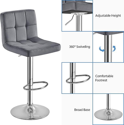 Yaheetech Bar Stools Set of 4, Velvet Fabric Swivel Barstools, Height Adjustable Counter Chairs, Modern Stools with Back for Bar Kitchen Island Dining Room, Dark Grey