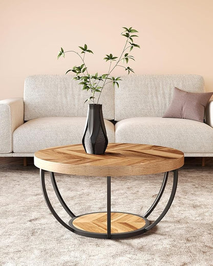 LITTLE TREE Round Coffee Table, 32" Circle Coffee Table for Living Room, 2-Tier Wood Accent Center Table with Open Storage Industrial Design Home Furniture (Wood Grain and Black)